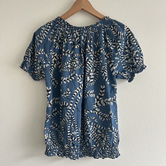 Jones New York Geometric Blue Peasant Boho Blouse Puff Sleeve Size Small - Picture 2 of 9